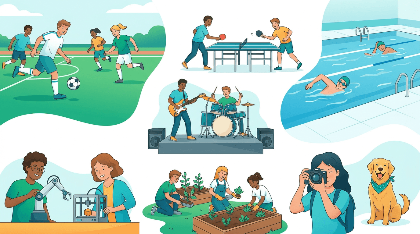 Schülerinnen und Schüler in verschiedenen Arbeitsgemeinschaften – Sport, Musik, Technik und Kreatives
