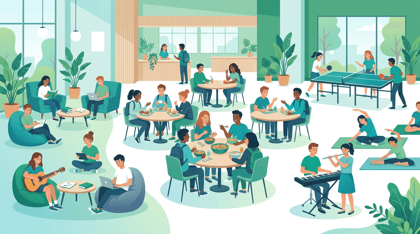 Schülerinnen und Schüler beim gemeinsamen Mittagessen, Lernen und in Arbeitsgemeinschaften im Ganztag